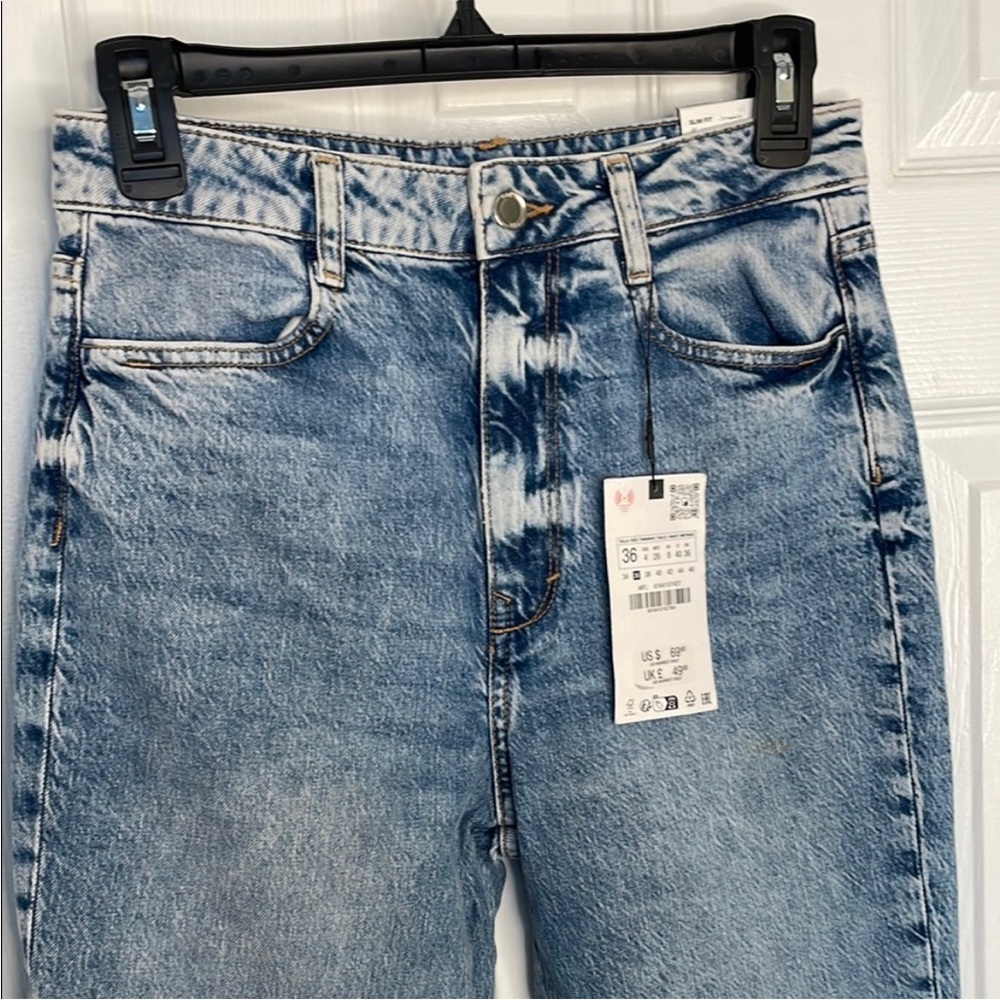 ZARA SUPER HIGH RISE SLIM LEG COMFORT FIT TIE DOWN EACH LEG BLUE JEANS SZ 4 LONG